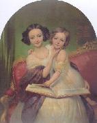 Joseph-Desire Court Portrait de Marguerite Louise Cibiel et de Marie Aglaure Cibiel assises sur un sofa, feuilletant un livre Spain oil painting artist